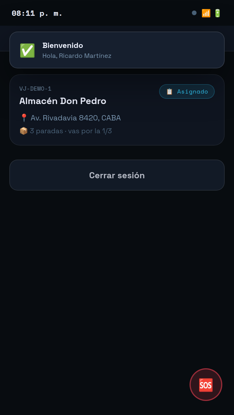 App de choferes: viaje asignado con sus paradas