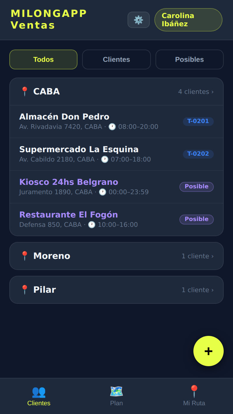App de vendedores: cartera de clientes agrupada por localidad