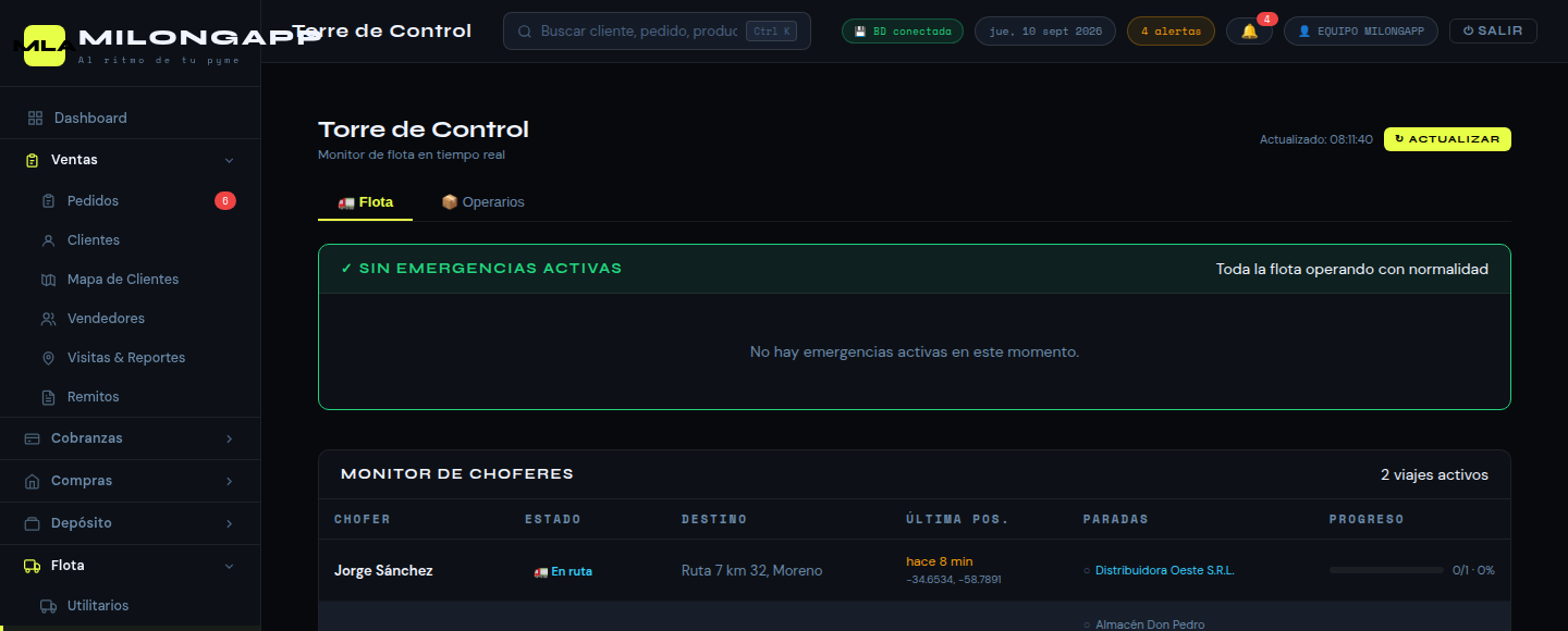 Torre de control: monitor de choferes con paradas y progreso